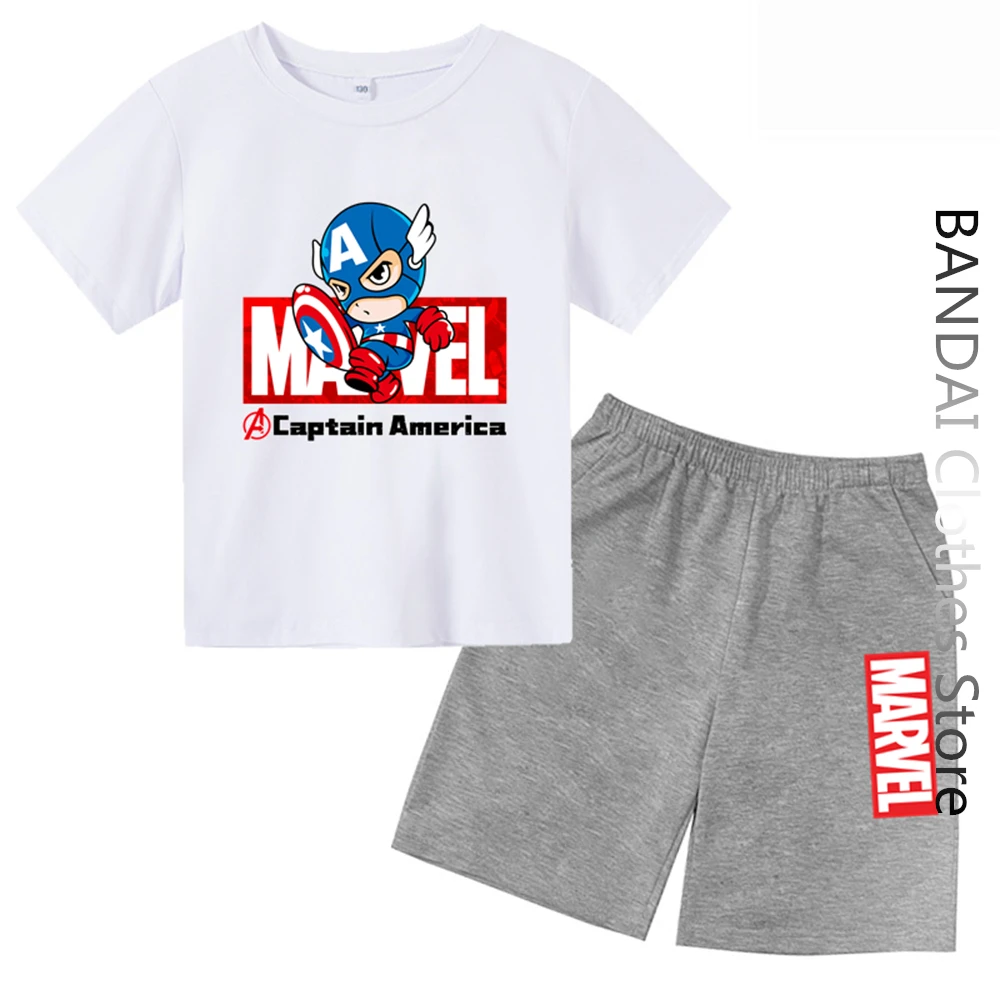 

Marvel Superheros Avengers Captain America Tshirt Kids Set Summer Baby Boy Clothes Girls Tops Men Women Tees Miniso Sanrio