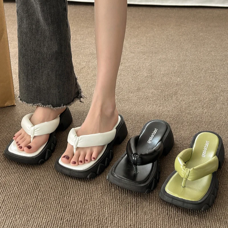 

Шлепанцы женские на платформе, мягкие сланцы, резиновая подошва, тапки средней высоты, пляжная обувь в гавайском стиле, лето 2023