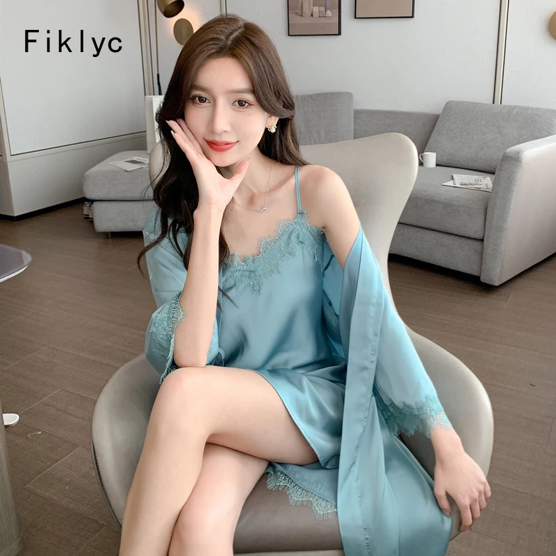 

Fiklyc Women Sexy Spring Summer V Neck Home Clothes Satin Ice Silk Lace Long Sleeve Mini Nightdress Robe Gown Sets Temptation