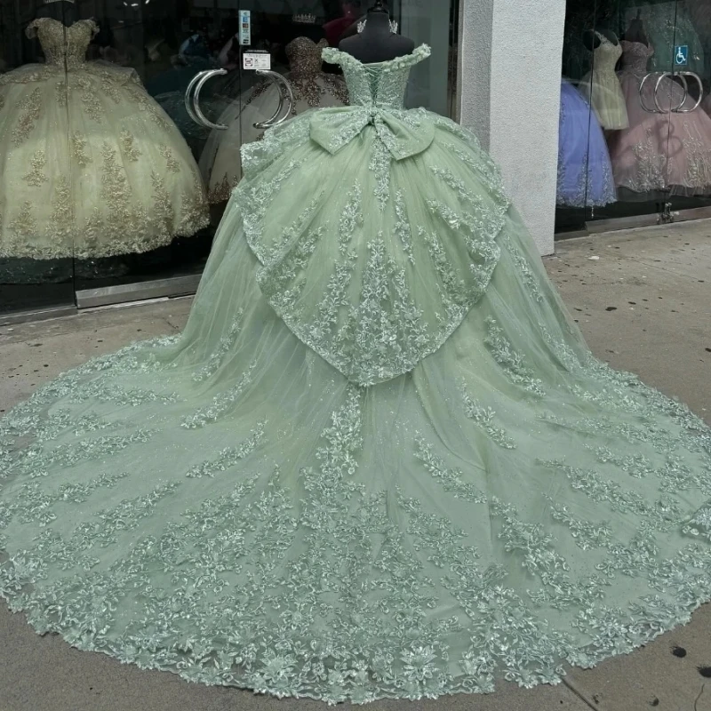 Мексиканское мятное бальное платье Quinceanera кружевное с аппликацией и бисером бант