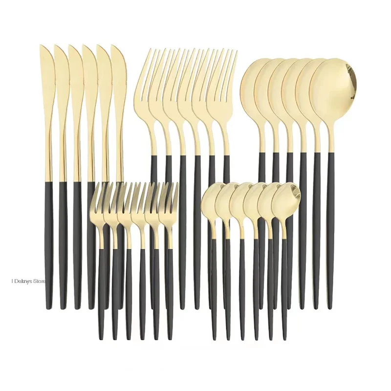 

30pcs Black Gold Western Dinnerware Set Stainless Steel Cutlery Set Fork Knife Spoon Tableware Set Kitchen Utensils On The Table