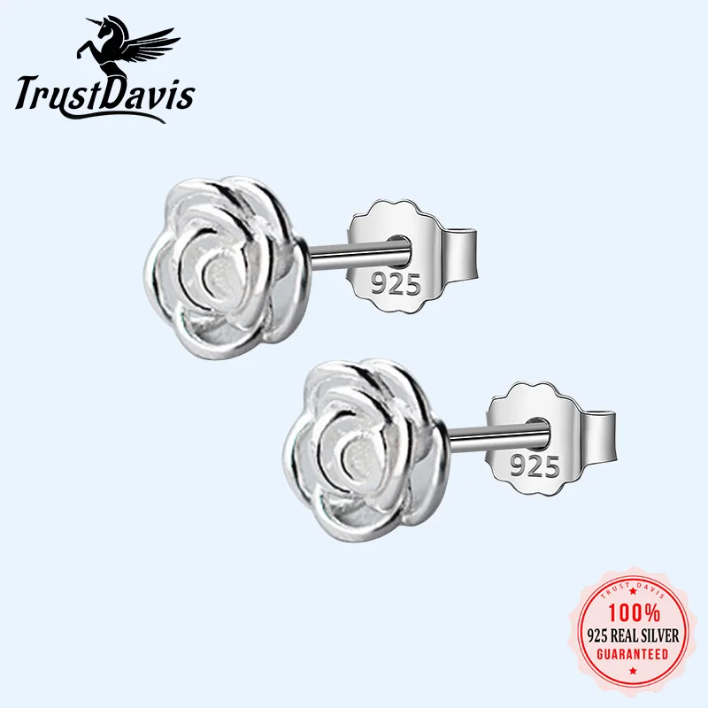 

Trustdavis 100% 925 Sterling Silver Jewelry Fashion Cute Small Rose Flower Stud Earrings For Women Daughter Girls Gift DA127