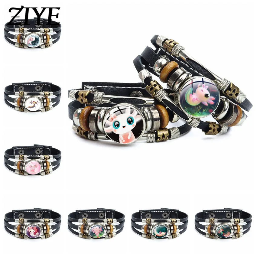 

Cute Axolotl Leather Bracelets Fashion Cartoon Pink Animals Glass Dome Snap Button Bracelets For Women Gifts Jewelry Accessories