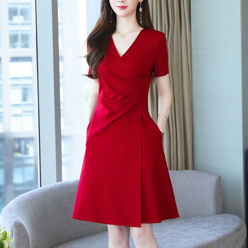 

Spring Summer Midi Dresses Women Party Elegant Slim Short Sleeves Solid Dress Casual A-line Vestidos Beach Dress
