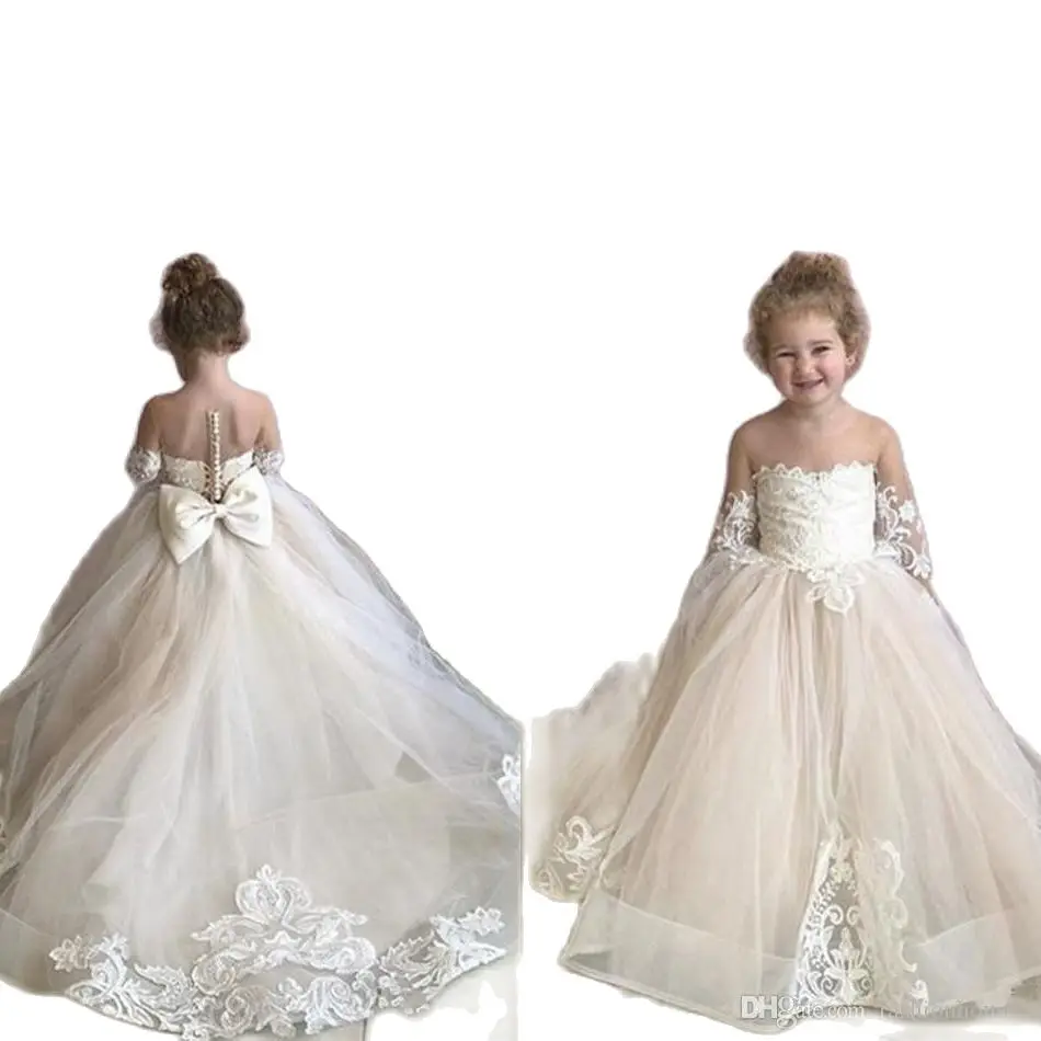 

New Lovely Champagne Long Sleeves Flower Girl Dresses for Weddings Lace Appliques Bow Girls Pageant Dress Prom Kids Commun