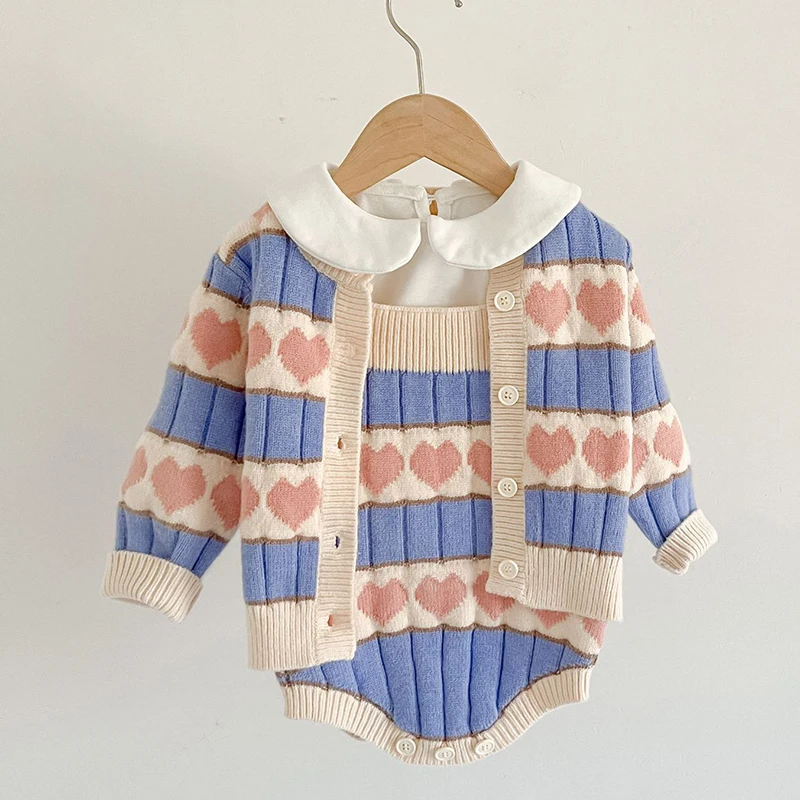 

2023 New Autumn Toddler Baby Girl Knitting Clothes Set Love Printed Cardigan Coat+Jumpsuit Valentine's Day Children Clothes