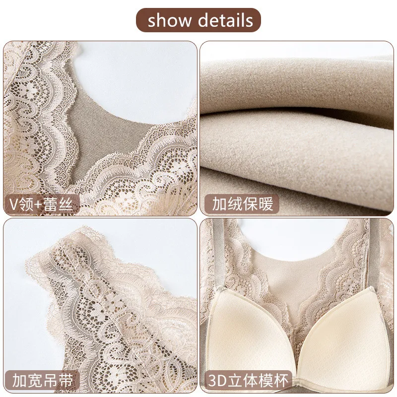 Winter Women De Fleece Heating Thermal Underwear Integrated Fixed Cup With Breast Pad Lace Thermal Vest Slim Ladies Clothing