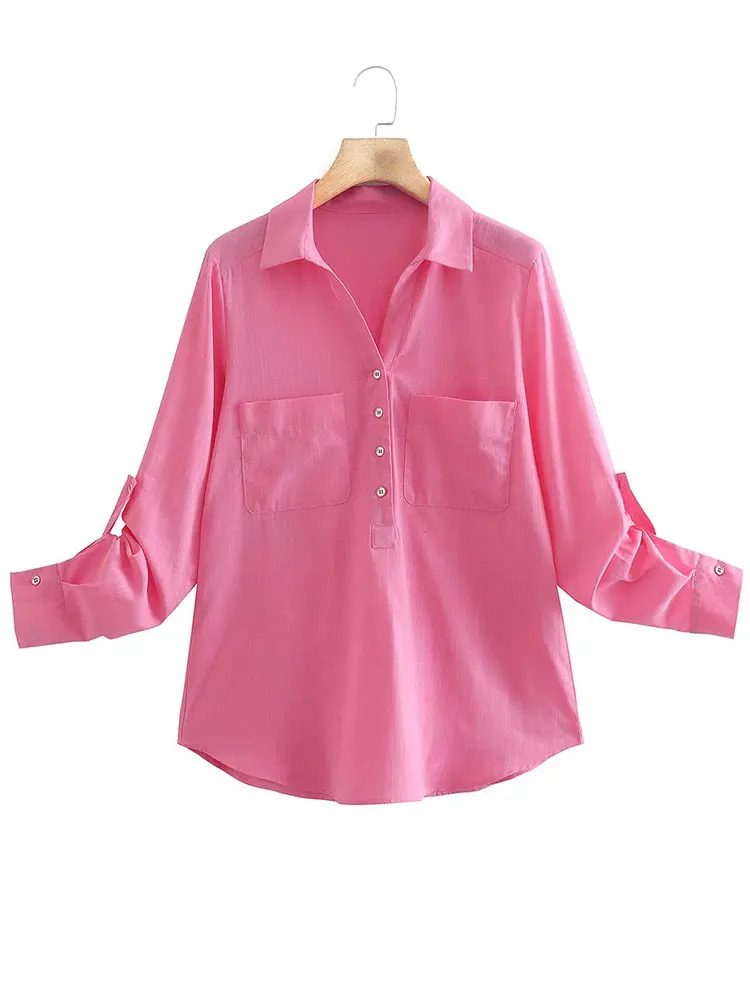 

Nlzgmsj ZBZA Women Blouse Shirts Spring Summer Single Breasted Casual Long Sleeve Pocket Female Loose Blouse 202203
