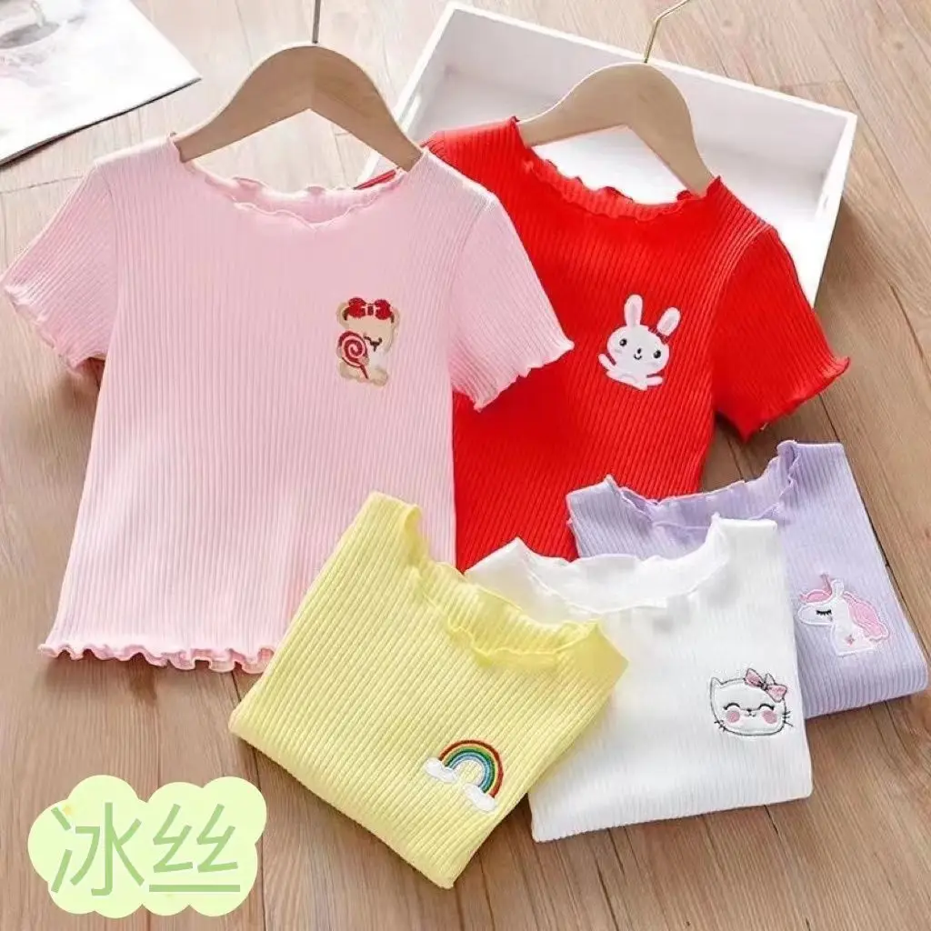 

[Two-Piece Set] Children's Short-Sleeved T-shirt Summer Ice Silk Stringy Selvedge Undershirt Little Girl Baby Western Style Top
