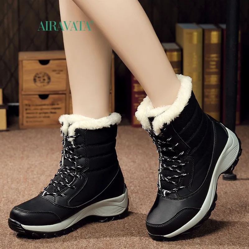 Winter Casual Shoes Warm Women's Walking Boots Hight Top Lace Up Flatform Velvet Ladies Ankle Boots