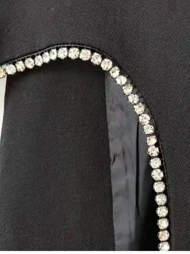 Fashion Runway Open Back Heart Diamonds Blazer Coat Women Sexy Chic Notched Suit Single Button Black Jacket Loose Outerwear