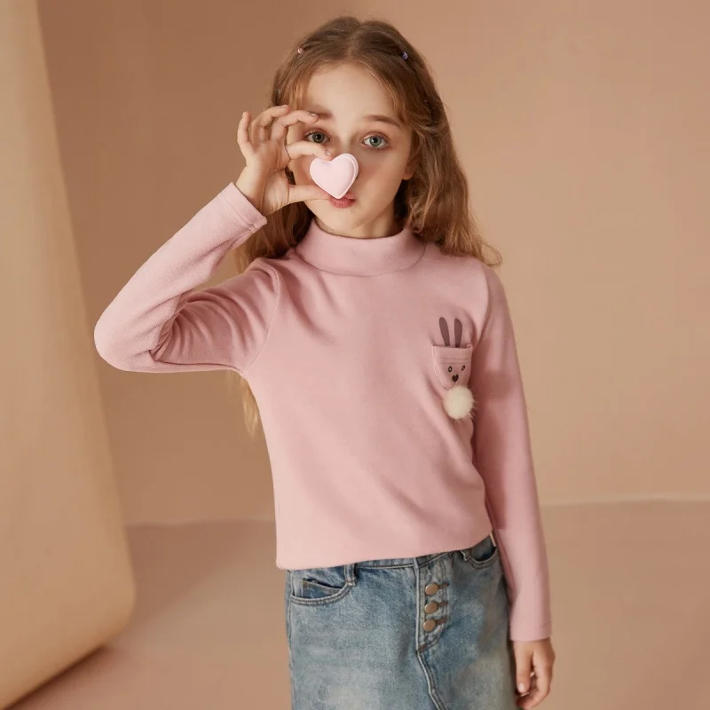 

Forest Kids 2022 Spring Tshirt Casual Child Young Clothes Long Sleeves Girl Half Turtleneck Thin Velvet Bottoming Shirt