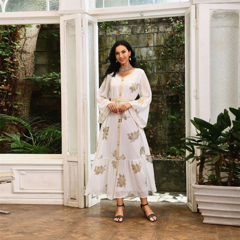 Ramadan Chiffon Long Dresses Muslim Fashion Dubai Abaya Printed Button Lace Tape Belted Robe Party Maxi Dress Women Clothing