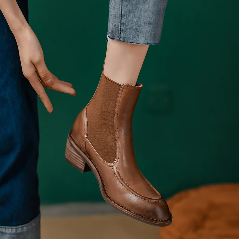 

Ботинки Челси из воловьей кожи, женская зимняя обувь, женские ботильоны с эластичным ремешком, Высококачественная Женская обувь в стиле рет...