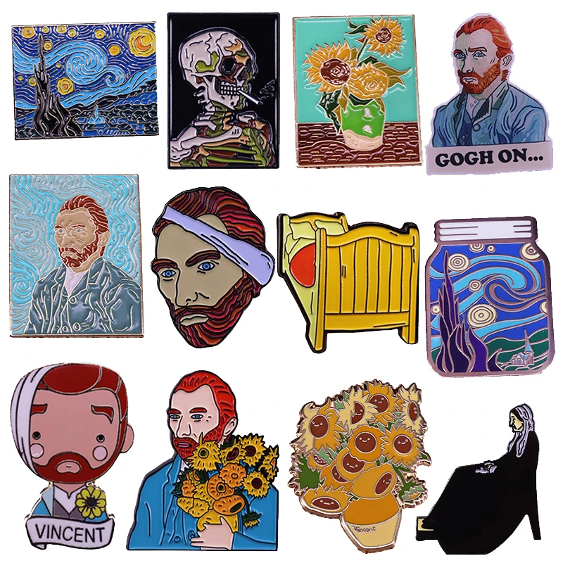 

Знаменитые значки с рисунком Ван Гога, булавка в виде звездной ночи, подсолнуха, курительного черепа, брошь для пожилых женщин и кровати, иск...