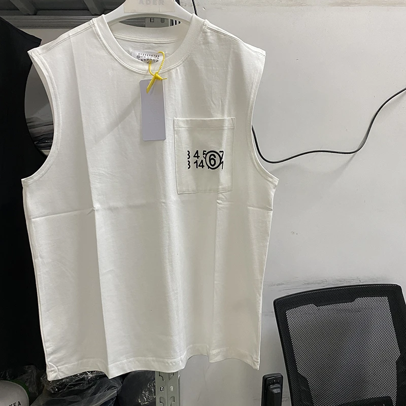 

Pocket printed logo MM6 Magira tank vest, men and women embroidered four-point stitch patch number pattern sleeveless T-shirt