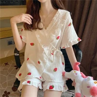 japanese pajamas for women summer cotton cut strawberry print pyjamas kimono pijamas comfortable sleepwear 2 piece set home suit