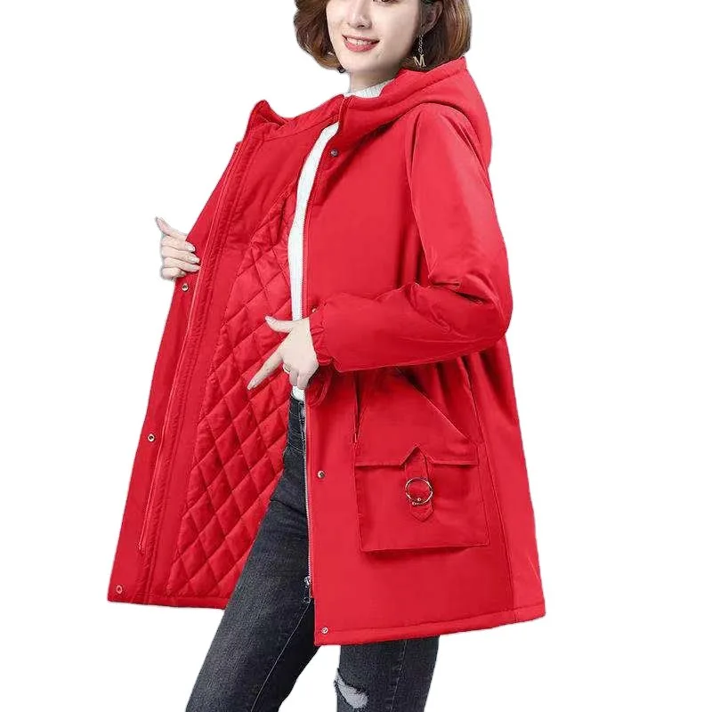 Women's Cotton Padded Clothes Medium and Long Keep Warm Winter Clothes Korean Loose Plus Cotton Thick Coat Hooded Pocket Jacket