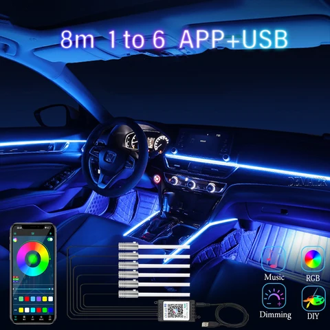 Атмосферная лампа USB для автомобиля, неоновая Φ интерьерная полоса, Гибкая RGB окружающая лампа из оптического волокна, управление музыкой через приложение, автомобильное украшение