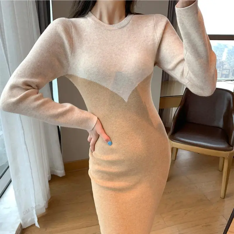 

DIMI Winter Long Sleeve Midi Sweater Woman Dress Vestidos Korean Maxi Dresses Women Sexy Sheath Knitted Bodycon Dress Autumn