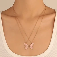 fashion pink blue drop oil double spell butterfly pendant necklace female vintage friendship set clavicle chain jewelry