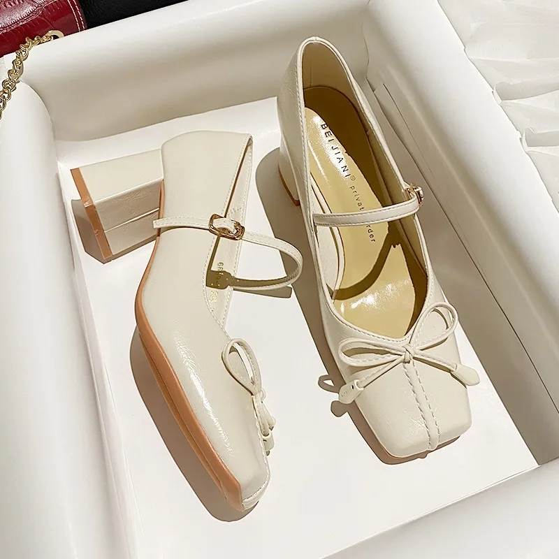 Туфли женские с бантом овечья кожа квадратный носок высокий толстый каблук