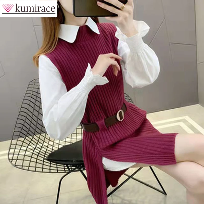 

South Korea 2022 Spring Autumn Coat Knitted Skirt Professional Dress Elegant Female White Shirt Extended Vest Two-piece Set