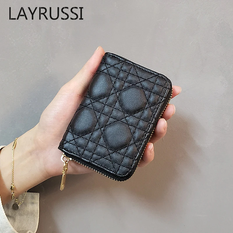 

LAYRUSSI Ladies PU Leather Organ Card Holder Women Multiple Holder ID Card Purse Embroidery Threads Zipper Clutch Short Wallet