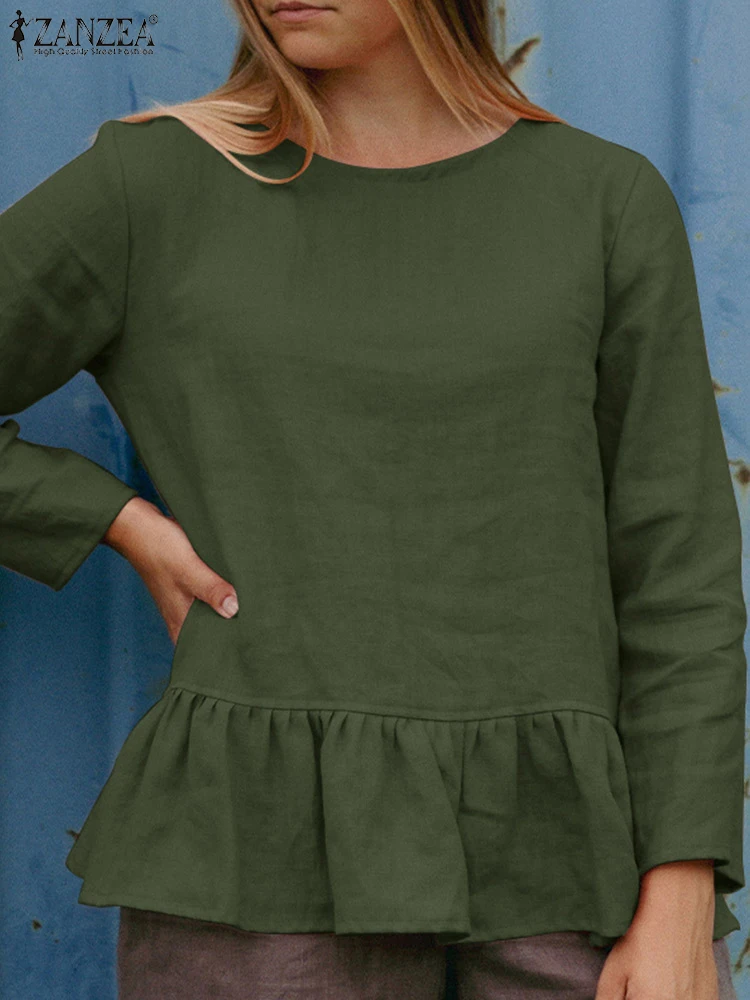 

Elegant Flounce Hem Shirt 2022 ZANZEA Fashion Autumn Long Sleeve Blouse Women Solid Ruffles Cotton Tops Holiday Work Blusas