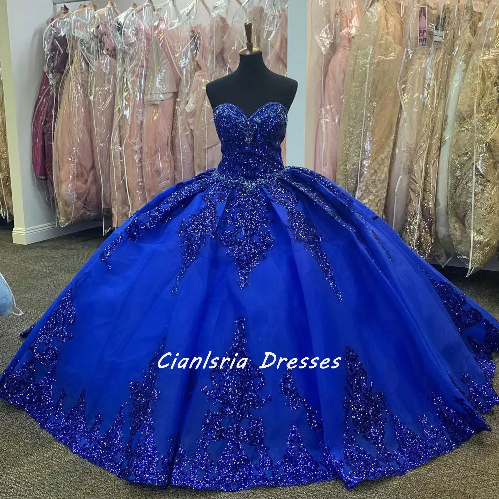 

Royal Blue Beading Crystal Quinceanera Dress Ball Gown Sweetheart Sequined Appliques Corset Sweet 15 Vestidos De Quinceañera