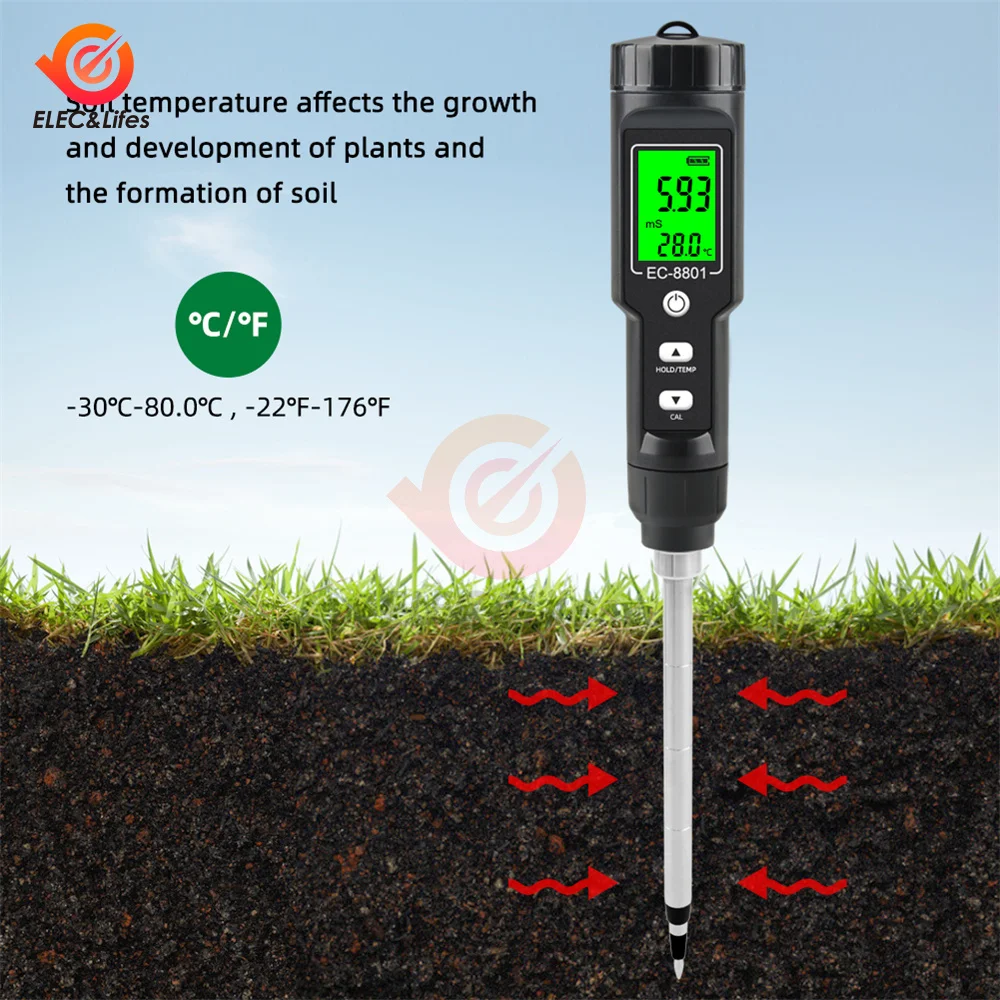 

EC/TEMP Soil Tester 0.00-10.00 mS/cm Hand Digital Garden Meter Soil Tester Tools Potted Plants Gardening Agriculture + Battery