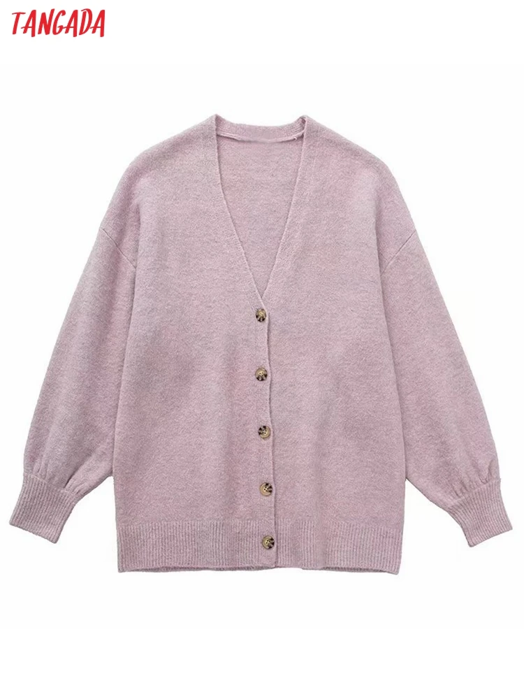 

Кардиган женский трикотажный однотонный с V-образным вырезом и длинными рукавами-фонариками