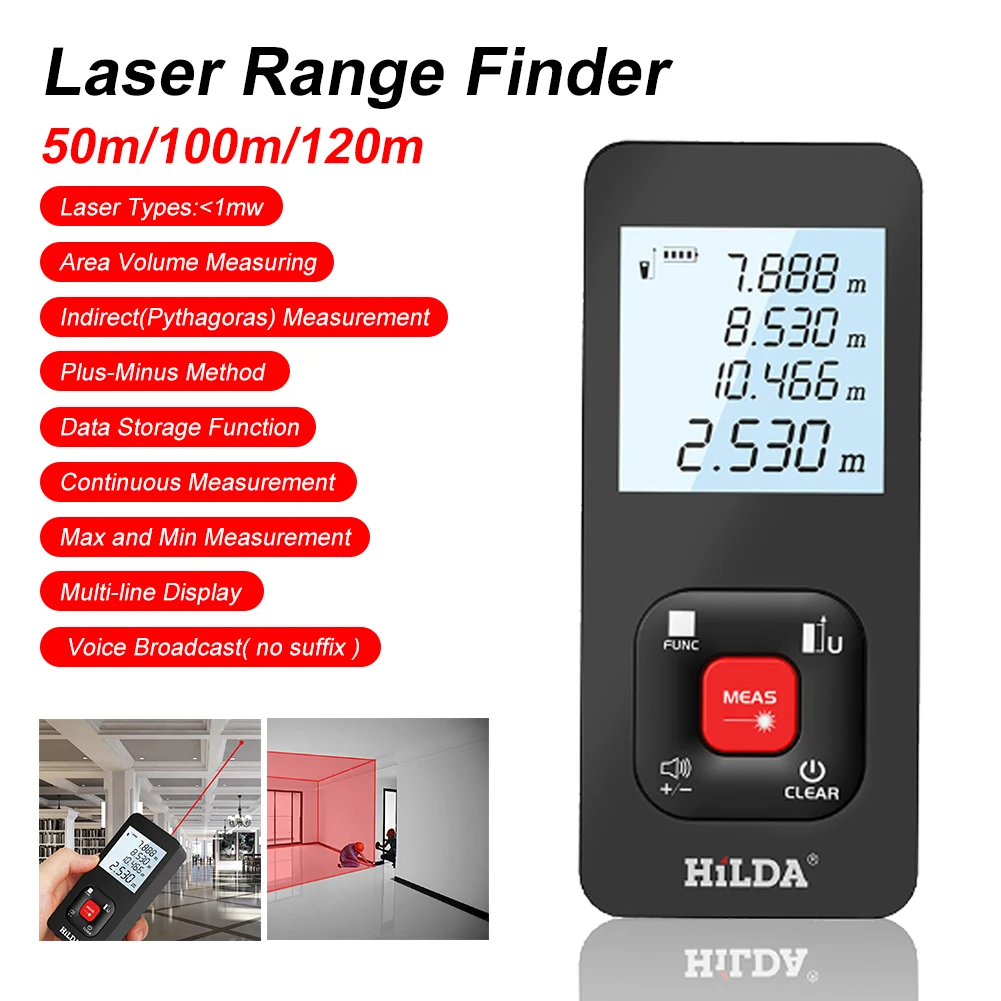 

Hardware Laser Range Finder 50m/100m/120m 2inch Display Backlight Auto-Level Digital Measure Tool Auto Off Laser Rangefinder
