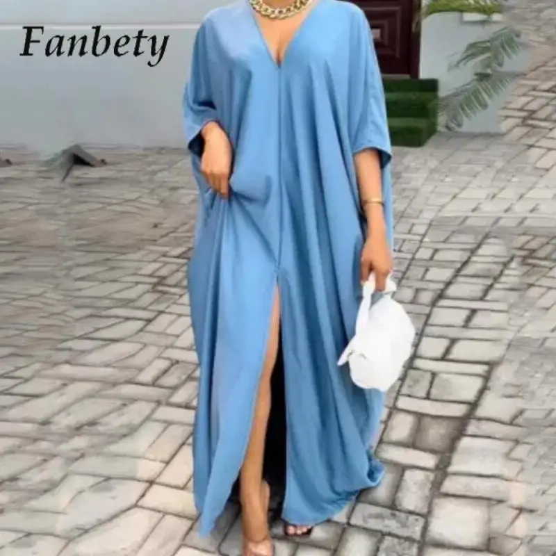 

Women Fashion Solid High Slit Long Dress Summer Elegant Short Sleeve Party Dress Ladies Summer Casual V-Neck Maxi Dress Vestido