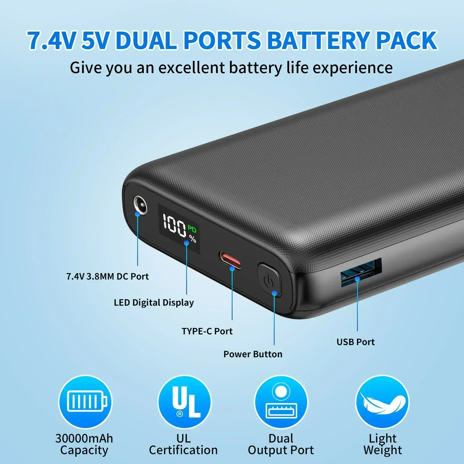PowerBank 30000 мАч Порт постоянного тока Портативный светодиодный дисплей USB-C и