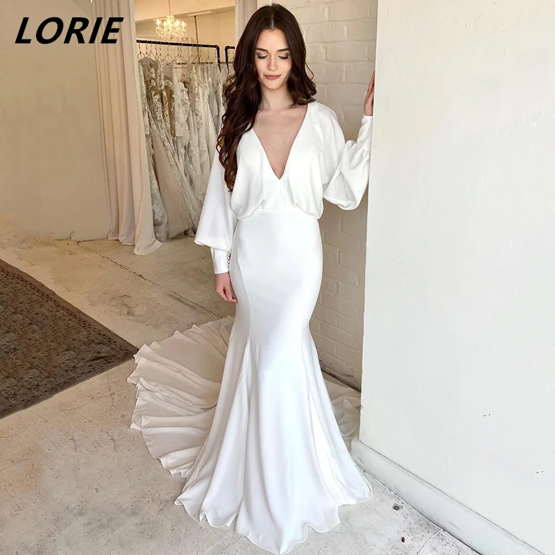 

LORIE Elegant Deep V-Neck Satin Mermaid Wedding Dresses Long Sleeves Bodycon Boho Bridal Gowns robe de mariée vestidos de novia