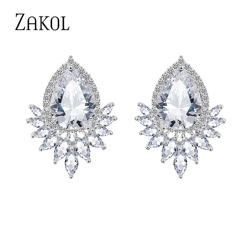 

ZAKOL Romantic Teardrop Cubic Zirconia White Color Stud Earrings Fashion Leaf Bridal Wedding Brincos Jewelry For Women EP2009