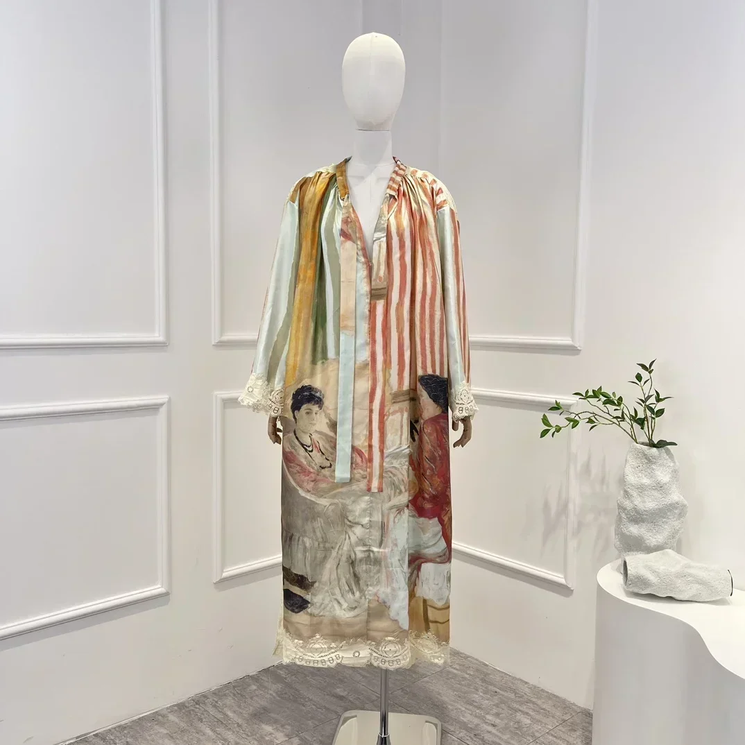 

2023 Latest High Quality Vintage Lace Patchwork Striped Abstract-print Long Sleeve Deep-v Neck Mide Dress for Women