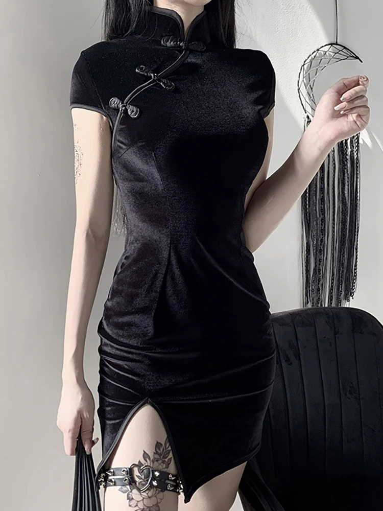 

Goth Dark Women Dresses Cheongsam Chinese Style Skinny Streetwear Sexy Vintage Harajuku Summer Women Slim Mini even Dress 2022
