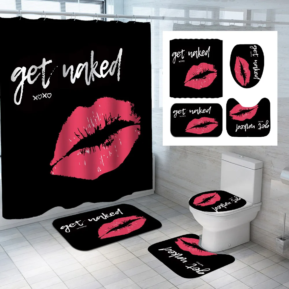 

StarBlue-HGS, Red Lip Print, Lovers, Valentine's Day, Waterproof Shower Curtain Bathroom, Bathroom, Bath Mat, Tub Hook,