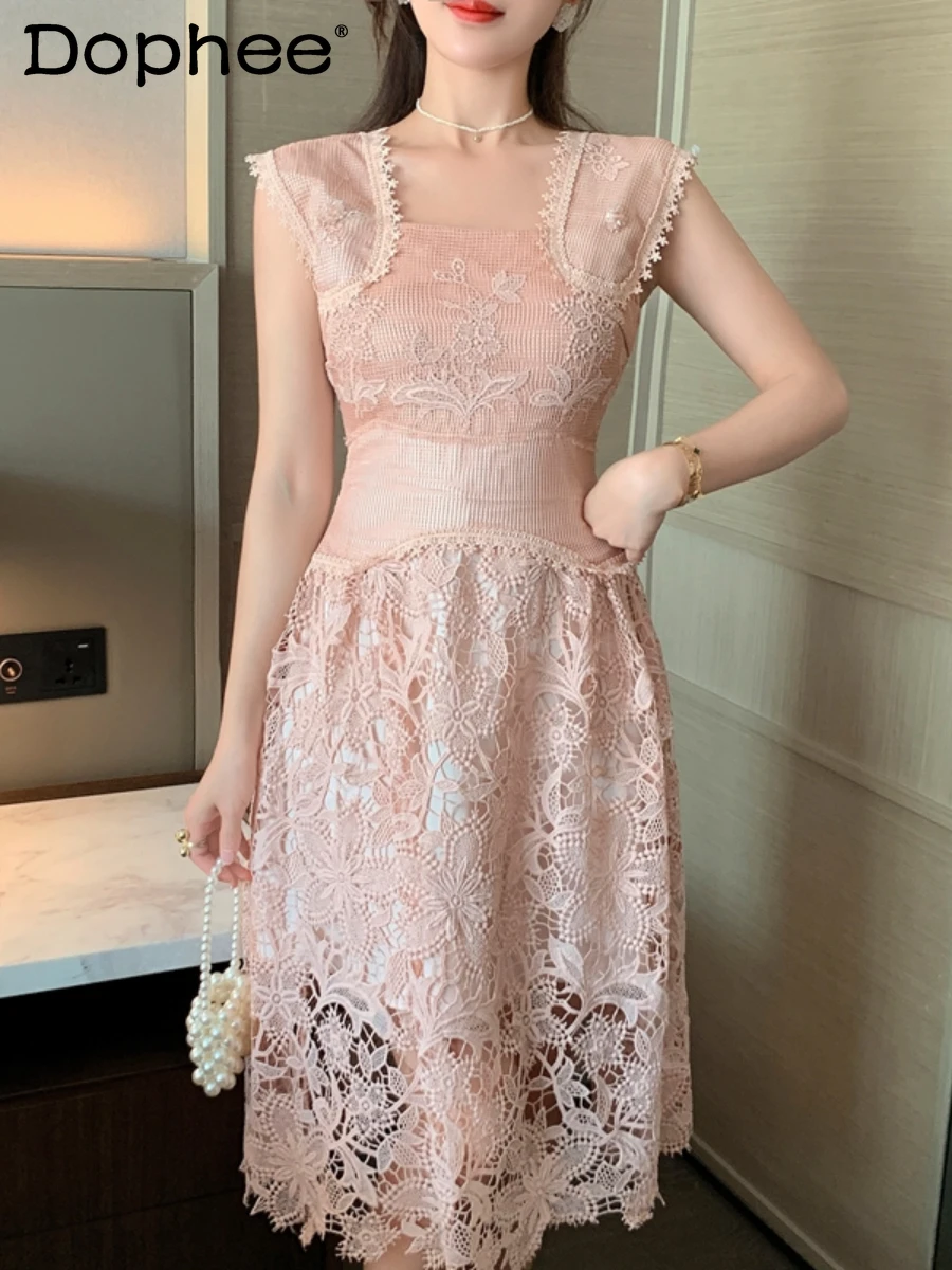 

2022 Summer New Pink Lace Embroidered Flower Dress Women Elegant Square Collar Short Sleeve Slim Waist Long Dress Office Lady