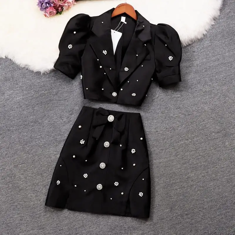 

2022 Women Summer New Suits Female Short Sleeve Solid Suit Jackets and High Waist Bow A-Line Skirts Ladies 2 Piece Sets J88