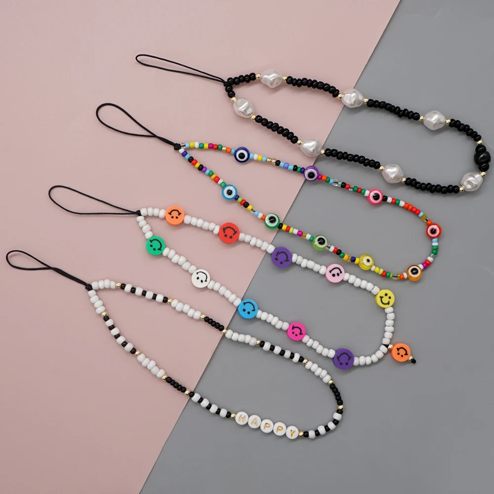 

YASTYT New Rainbow Beads Phone Chain Colorful Evil Eye Charm Mobile Lanyard Simple Beaded Telephone Jewelry Fashion Phone Strap