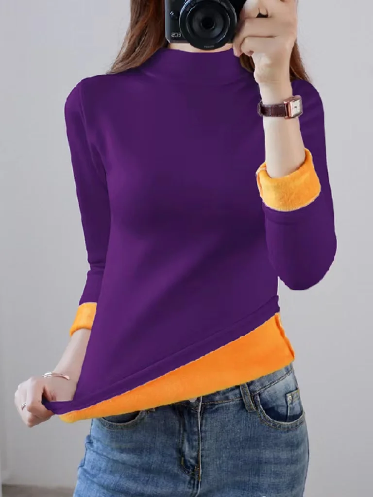 Winter Thermal Underwear Women's Thick Velvet One-Piece Tops Wear  Female Wool Fleece Mid-High Collar Warm Bottoming Shirt