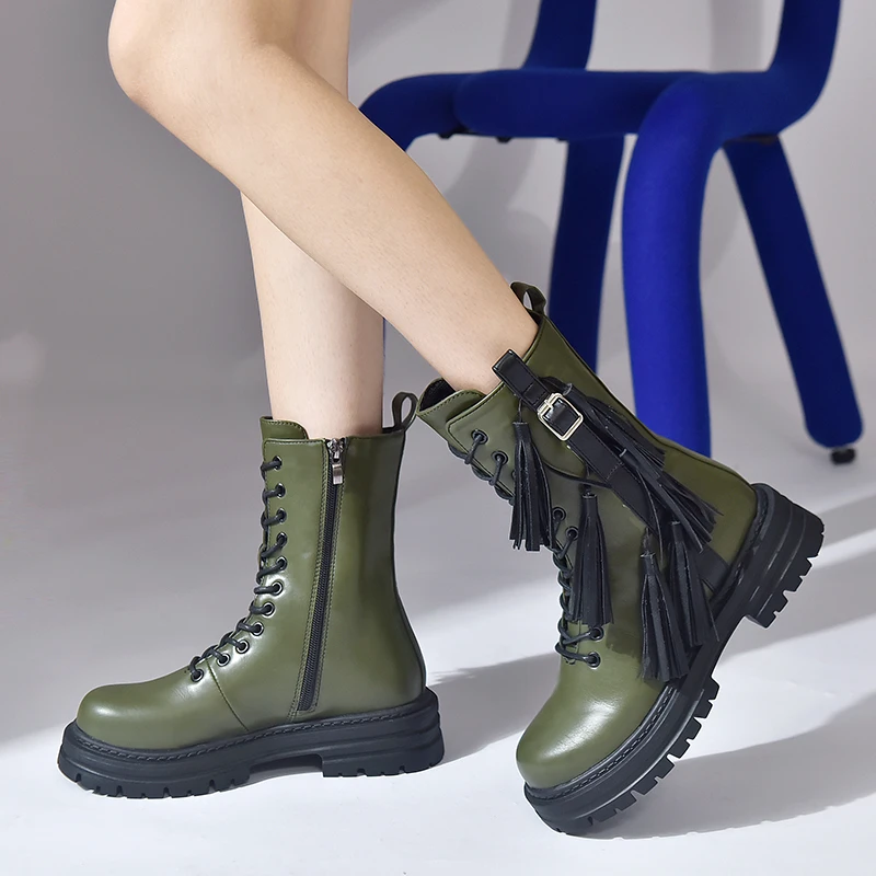 

New Brand Design Motorcycle Boots High Block Heels Boots Women Cool Street Platform Ankle Shoes Woman Tassel Boots 2023