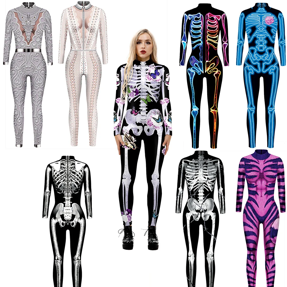 

Anime Tight Jumpsuit Skeleton Printed Catsuit Sexy Women Cosplay Costumes Zentai Halloween Bodysuit