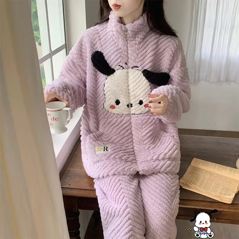 

Kawaii Sanrios Pachacco Coral Velvet Pajamas Winter Thickening Leisure Comfort Zipper Household Clothes Cartoon Plush Sleepwear