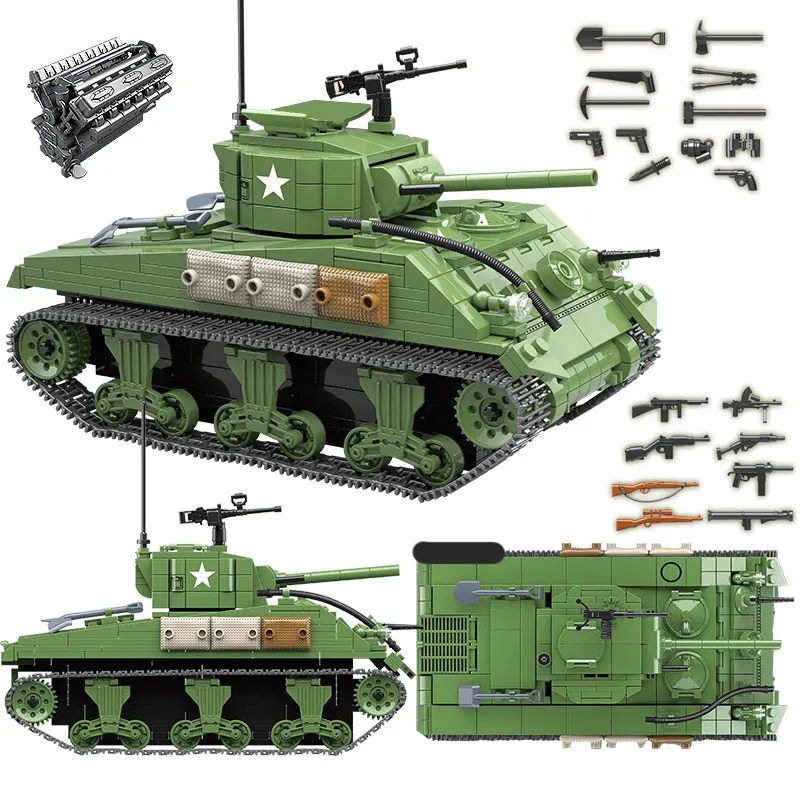 

726 шт., Детский конструктор военный Американский Танк Sherman M4A1