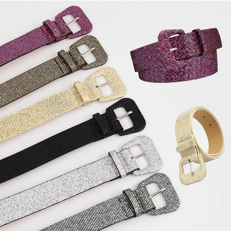 

Women Shinny Belt Vintage Sequins Waist Belts Glitter Lady Cummerbunds Belt Leather Alloy Buckle Waistband Jeans Shine Waistband