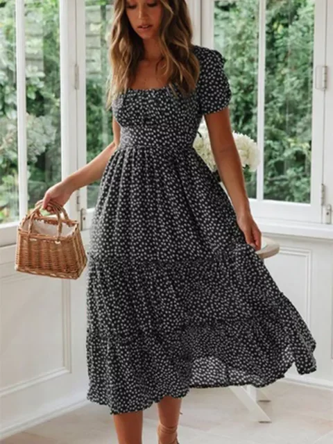 

New2022 Vintage Vintage Print Puff Sleeve summer Beach sweet dresses Casual Square collar floral maxi long dress 2020 festa